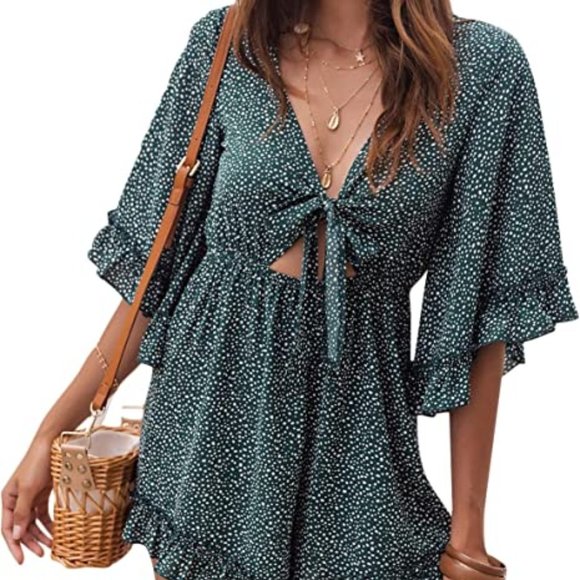SheIn Women's V Neck Ruffle Half Sleeve Romper Tie Front Dalmatian Short Romper